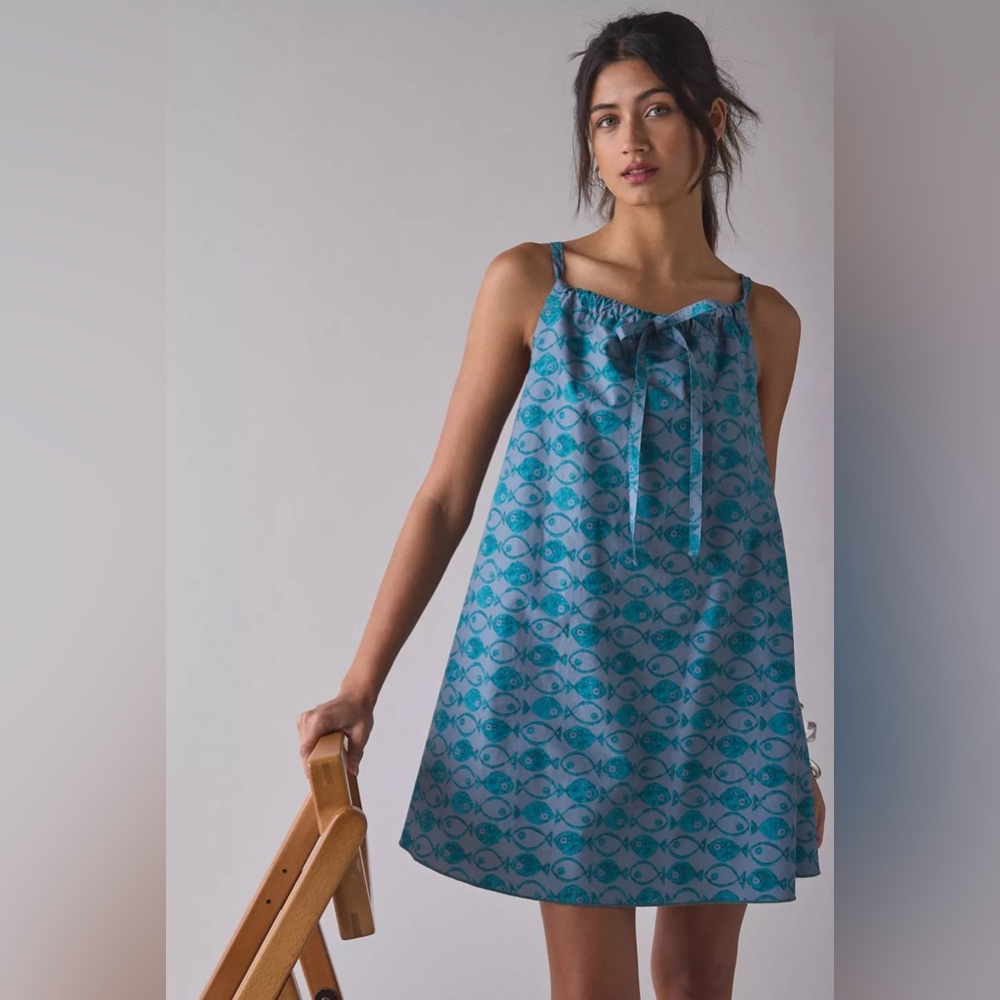 Urban Outfitters BDG Eva Tie-Front Ruched Strap Trapeze Mini Dress Blue Fish NWT - Picture 3 of 5